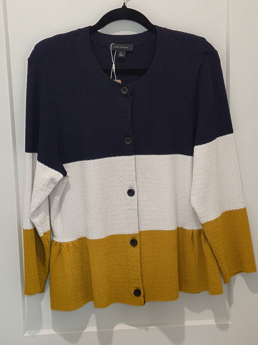 Ann Taylor Navy, White & Mustard Colorblock Button Cardigan SIZE XL